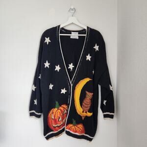 Vintage Halloween Jack O Lantern Cardigan Sweater Moon Owl Stars Black Knit 3X